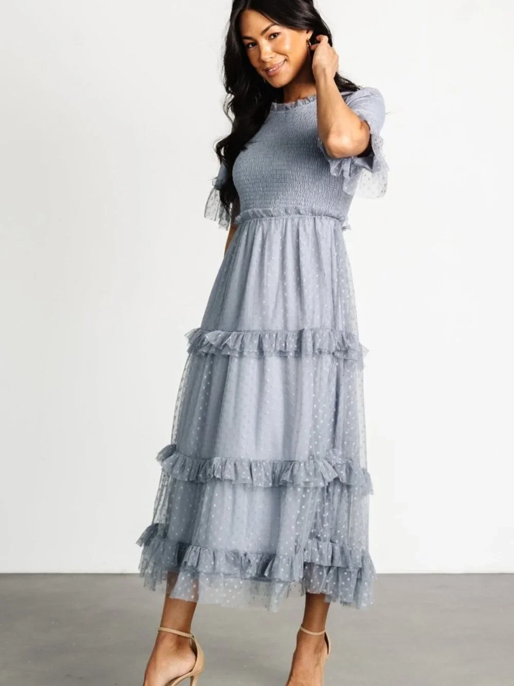 Baltic Born Lysandra Smocked Dot Dress | Dusty Slate Size MM - Picture 4 of 13